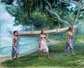 Niñas cargando una canoa Vaiala en Samoa John LaFarge